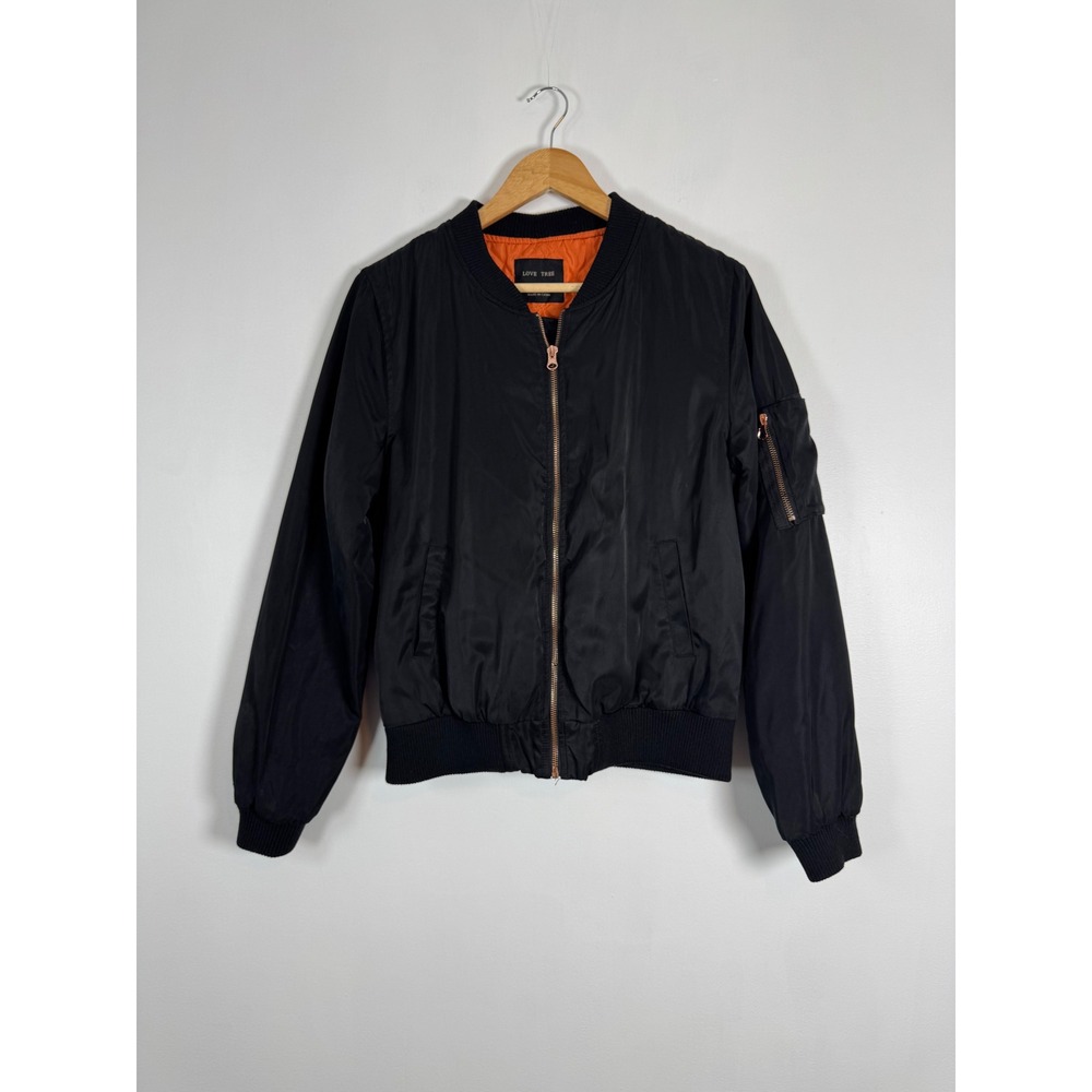 Streetwear Love Tree Womens Large Bomber Jacket Black Rose Gold Zip Orange